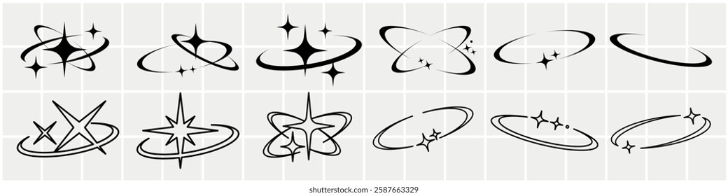 Collection of black star and orbit icons. Star designs with orbit motifs. Orbit and star graphics in various styles. Perfect for space-themed designs. Creative elements, vector set.