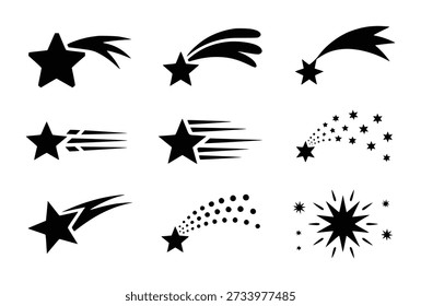 Sammlung von schwarzen Stern, die Sternschnuppen und Bursts auf weißem Hintergrund Sterne