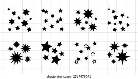 Collection of black star shapes on a grid. Stars vary in size and style. Black stars on a grid create a dynamic pattern. Star shapes add visual interest. Sparkles element vector set.