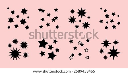 Collection of black star shapes on a pink background. Stars vary in size and style. Star patterns create a playful and whimsical design. Stars on pink. Sparkles element vector set.