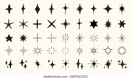 A collection of black star shapes in various styles and sizes. Stars include different patterns and designs, perfect for creative projects and decorations. Element vector set.