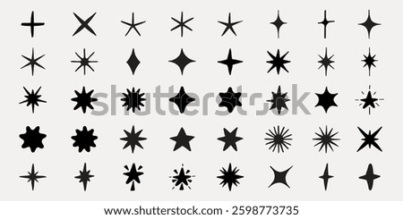 Collection of black star shapes in various styles. Star icons, star symbols, and star designs in different patterns and forms. Diverse shapes for design. Element vector set.