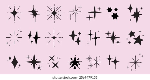 A collection of black star and sparkle icons on a pink background. Various star shapes and sparkles are arranged in rows, creating a decorative pattern. Element vector set.