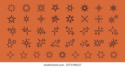 Collection of black star and sparkle icons on an orange background. Various star shapes and sparkle designs. Perfect for decoration and design projects. Element vector set.