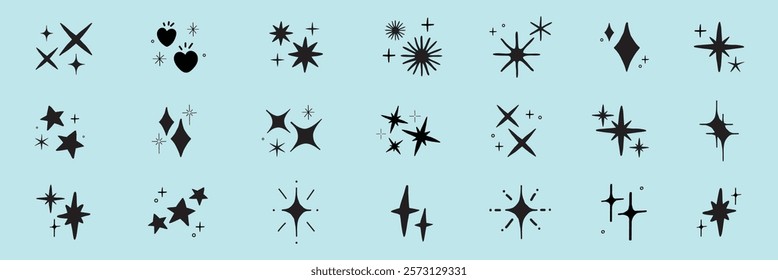 Collection of black star and sparkle icons on a light blue background. Various star shapes and sparkles create a whimsical, decorative pattern. Star icons repeat. Element vector set.