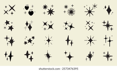 Collection of black star and sparkle icons on a light background. Various star shapes and sparkles. Decorative star and sparkle designs. Element vector set.