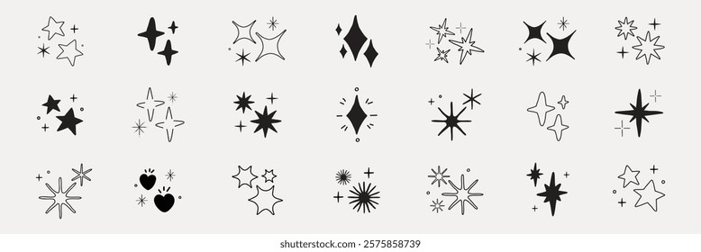 Collection of black star and sparkle icons. Various star shapes and sparkles. Simple star and sparkle designs. Minimalist star and sparkle graphics. Element vector set.