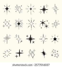 Collection of black star and sparkle icons. Various star shapes and sparkle designs. Simple black star and sparkle illustrations. Minimalist star and sparkle set. Element vector set.