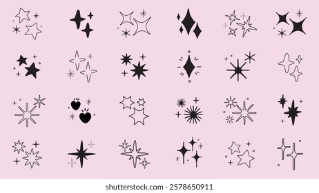 Collection of black star and sparkle icons on a pink background. Various star shapes and sparkles create a whimsical, decorative pattern. Star icons, sparkle icons. Element vector set.