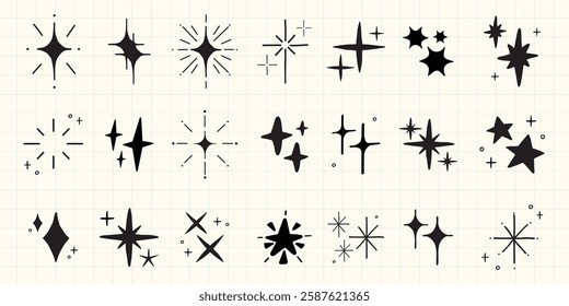 Collection of black star and sparkle icons on grid background. Star icons vary in shape and size. Sparkle icons add a decorative touch. Simple and stylish star designs. Element vector set.