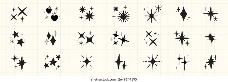 Coleção de ícones de estrela preta e faísca. Várias formas de estrelas e desenhos de brilho. Estrela decorativa e elementos cintilantes para projetos criativos. Vetor de elemento definido.