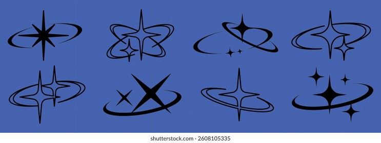 Collection of black star symbols on a blue background. Various star designs, including rings and sparkles. Star symbols in different styles and shapes. Creative elements, vector set.