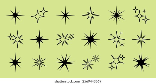 A collection of black starburst shapes on a light green background. Various starburst designs, each unique. Starburst icons for design projects. Element vector set.