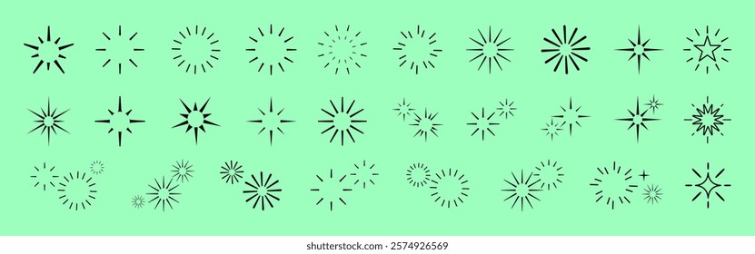 A collection of black starburst and sparkle icons on a green background. Starburst and sparkle designs vary in size and shape, creating a dynamic pattern. Sparkles element vector set.