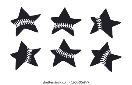 A collection of black stars for baseball separately on a white background. Elements for sports designs. Hand drawing.