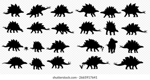 A collection of black Stegosaurus dinosaur silhouettes in various poses, including walking and eating, set against a transparent background. svg