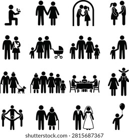Collection of black stick figure depicting family life stages and relationships proposal