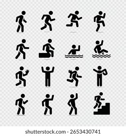 Collection of black stick figure icons showing various human actions and poses including walking, swimming, waving, and climbing stairs