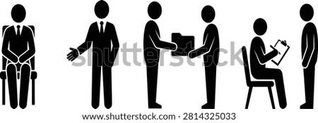 A collection of black stick figure icons demonstrating different stages of a corporate recruitment process, including waiting, handshaking, document sharing, and interviewing. This vector set is ideal for human resources, career coaching, and corporate onboarding design materials.