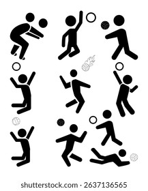 A collection of black stick figures engaged in various volleyball actions, including serving, spiking, passing, digging, and blocking