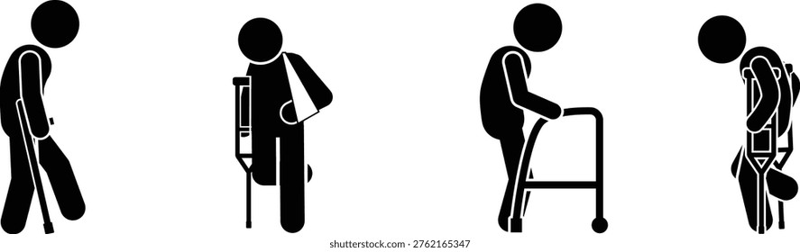 Collection of black stick figures illustrating various mobility challenges and disabilities, including individuals using a cane, crutches, and a walker on a clear white background.