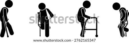Collection of black stick figures illustrating various mobility challenges and disabilities, including individuals using a cane, crutches, and a walker on a clear white background.