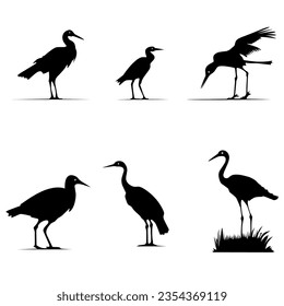 Collection of black stork illustration designs on white background