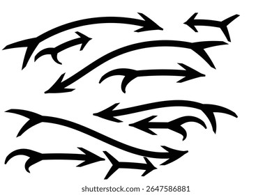 A collection of black, stylized arrows are arranged on a white background.