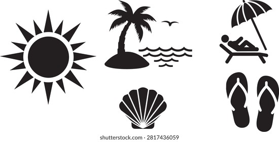 A collection of black summer beach vacation icons, featuring a bright sun, a tropical palm tree on an island, a person relaxing under an umbrella, and flip flops.