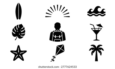Collection of black summer icons representing vacation and travel elements like a surfboard, palm tree, cocktail, kite, starfish, and waves.