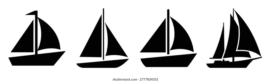 Collection of black summer sailing boat silhouette simple vector icon set and summer icons concept.