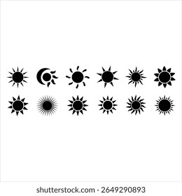 Collection of Black Sun Icons on White Background sunshine