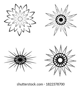Collection of black sun stars flower starburst sunbeam burst natural sunshine icons element objects decoration, abstract background creative art graphic design vector illustration pattern seamless