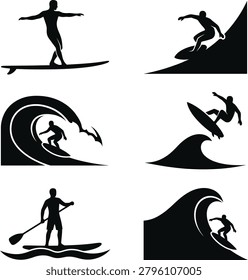Collection of black surfing silhouettes showcasing various board techniques and wave riding maneuvers for active design.