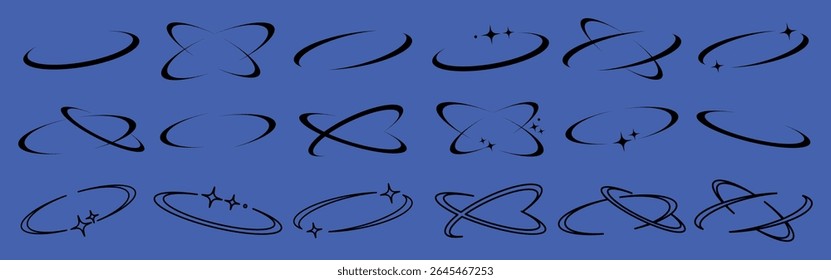 Coleção de desenhos de estrela e redemoinho preto em um fundo azul. Padrões de redemoinho e acentos de estrela criam formas abstratas e dinâmicas. Redemoinho e motivos de estrela se repetem. Elementos criativos, conjunto vetorial.