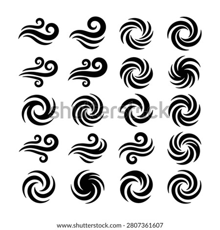 Collection of black swirling wind symbols on white background, abstract designs