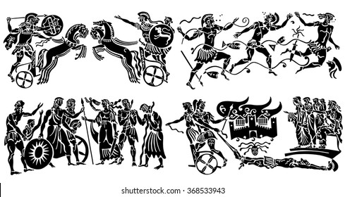 Collection of black tattoos in the Greek style on white background.