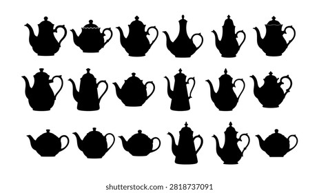 Collection of black teapot silhouettes showcasing diverse designs and styles, emphasizing traditional and modern kitchenware aesthetics.