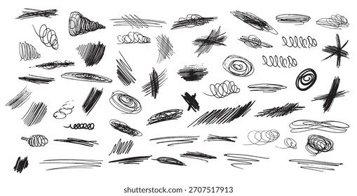 Collection of black texture hatches isolated on white background. Scribble with marker and pencil.