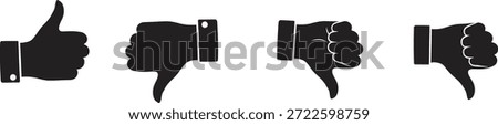 A collection of black thumbs up and thumbs down hand silhouettes on a white background