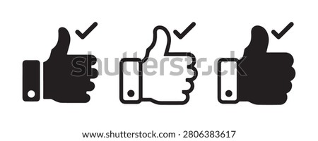 Collection of black thumbs up icons with checkmarks, indicating approval, confirmation, selection, or completion.