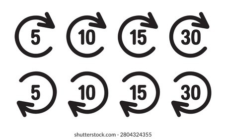 Collection of black time skip buttons featuring five ten fifteen and thirty second intervals for video playback.