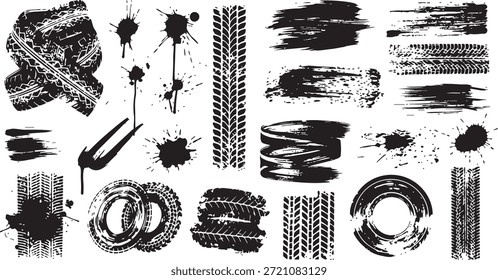 coleção de texturas de rasto de pneu preto com manchas de tinta e traçados de pincel grunge