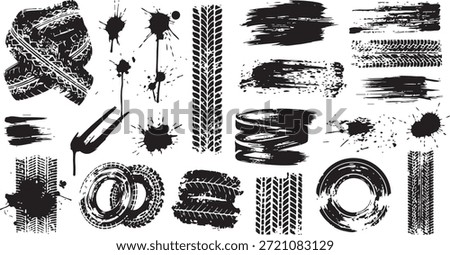 collection of black tire track textures with ink splatters and grunge brush strokes