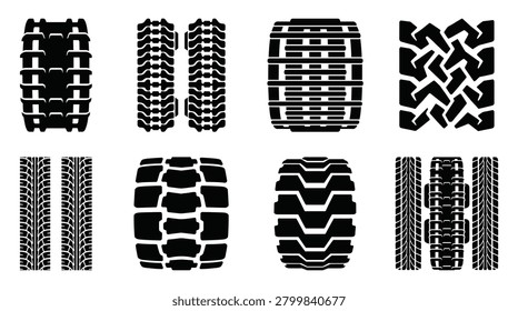Collection of black tire tread patterns and heavy machinery tracks