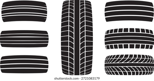 collection of black tire tread textures and rubber wheel track patterns isolated on white background vector illustration