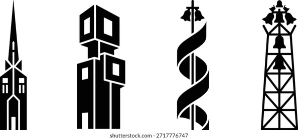 Collection of black tower designs. Includes architecture landmark, religious structure and church silhouette. Vector designs for decoration.