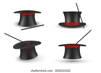 Collection of black traditional magician hat with magic wand vector realistic illustration. Set of legendary headdress for surprising disappearance and appearance different things isolated on white