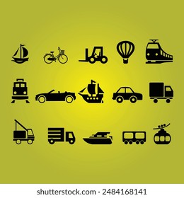 Collection of black transport silhouettes on yellow background. Perfect for transportationthemed designs, posters, educational materials, and travelrelated projects.