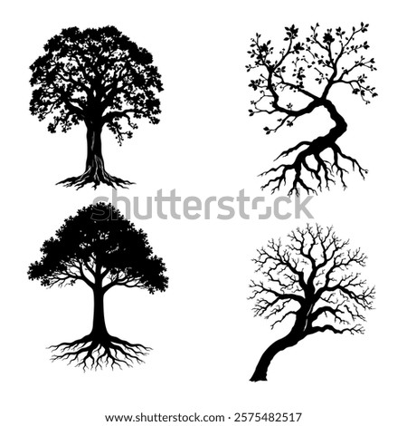 Collection of black tree branches and roots silhouettes. Hand-drawn illustrations in a logo style